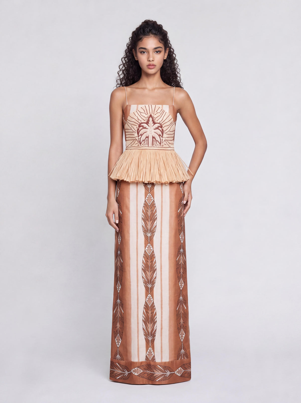 Bohemian Fine Strap Tassel-Patched Palm Feather Print Long Dress