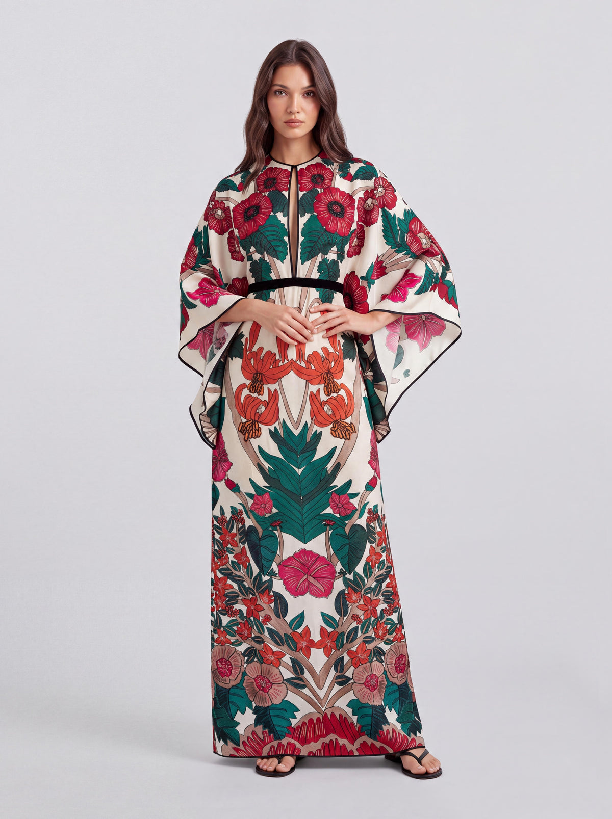 Langes Urlaubskleid im Vintage-Stil mit großem Blumenprint, Trompetenärmeln und betonter Taille