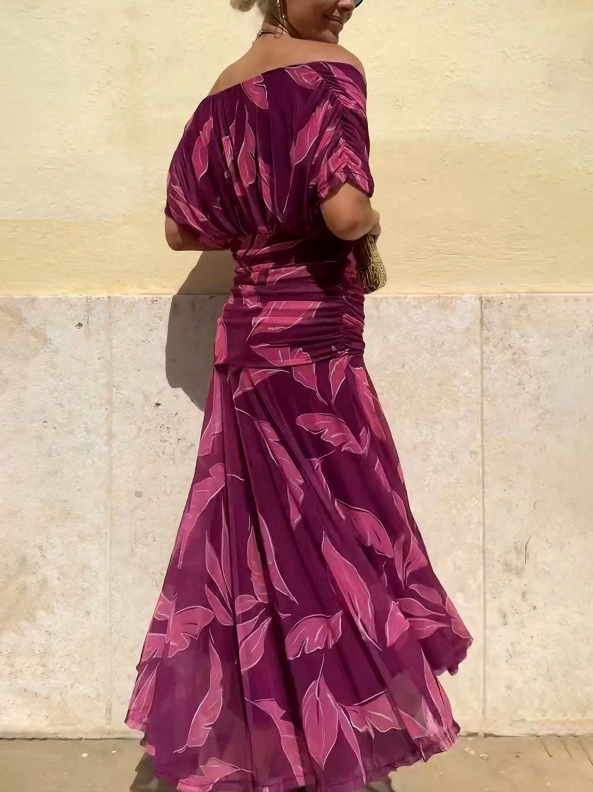 Elegant Off-Shoulder Ruched Leaf Print Maxi Dress