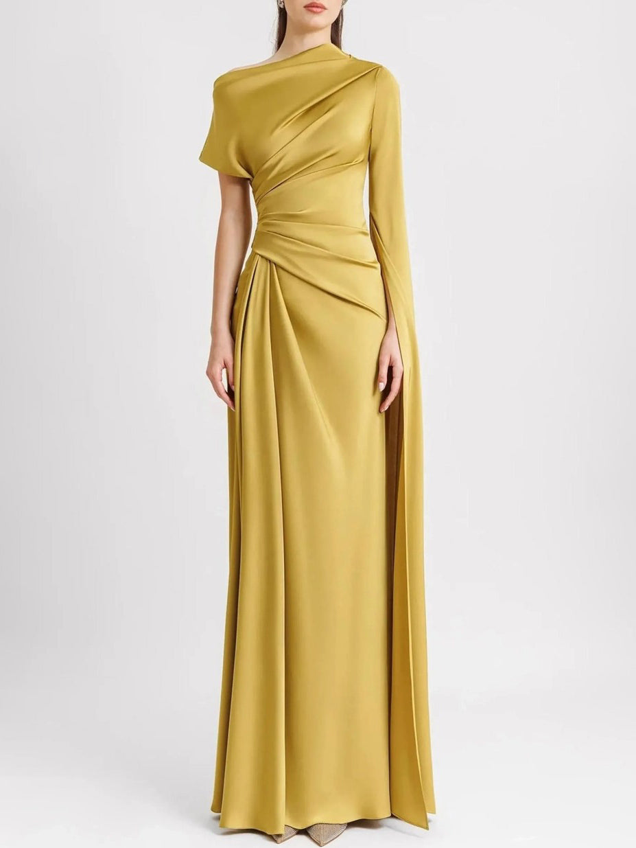 Elegant Irregular-sleeve Pleated Satin Maxi Dress