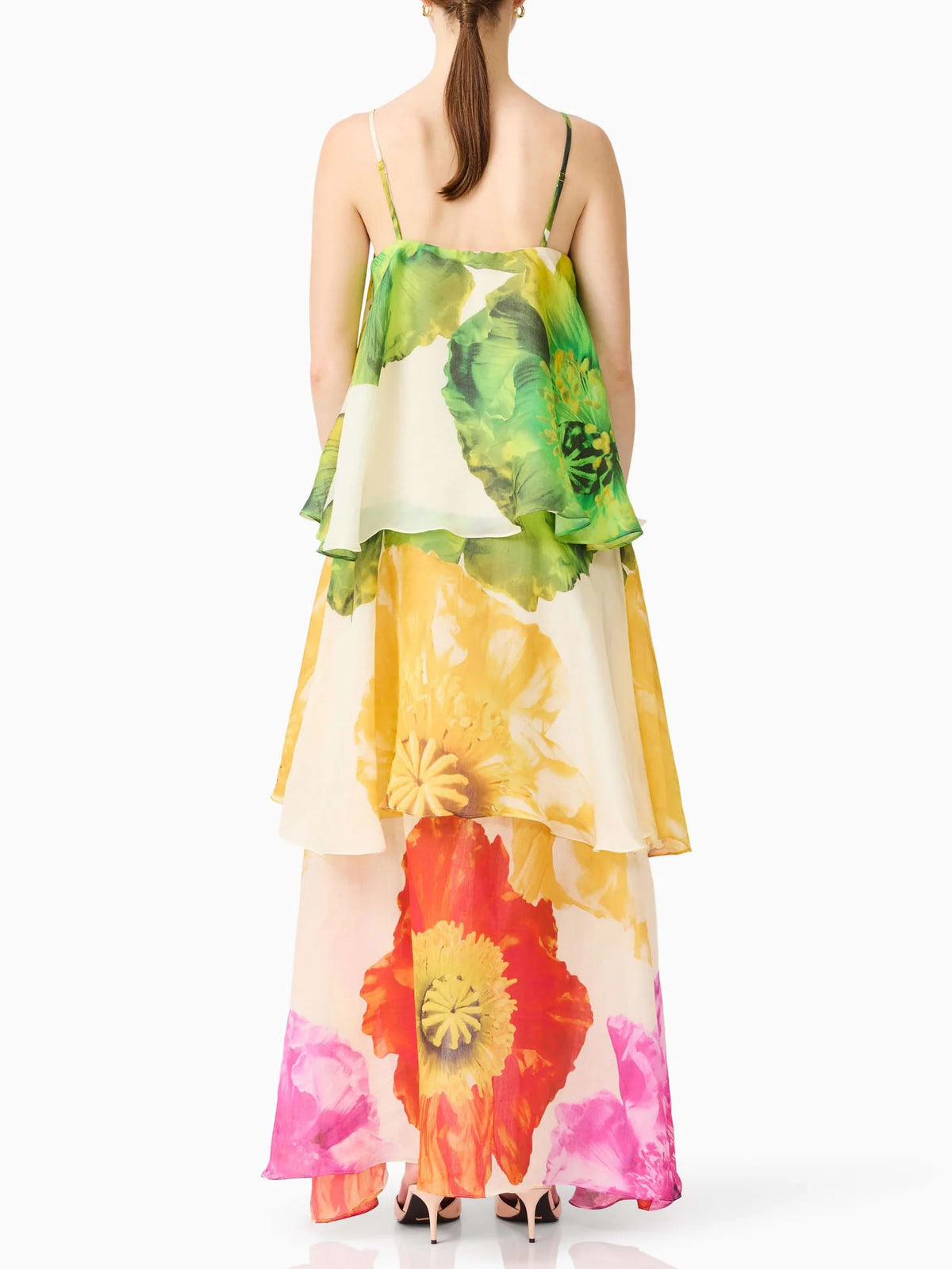 Robe longue élégante en mousseline à imprimé floral et jupe superposée