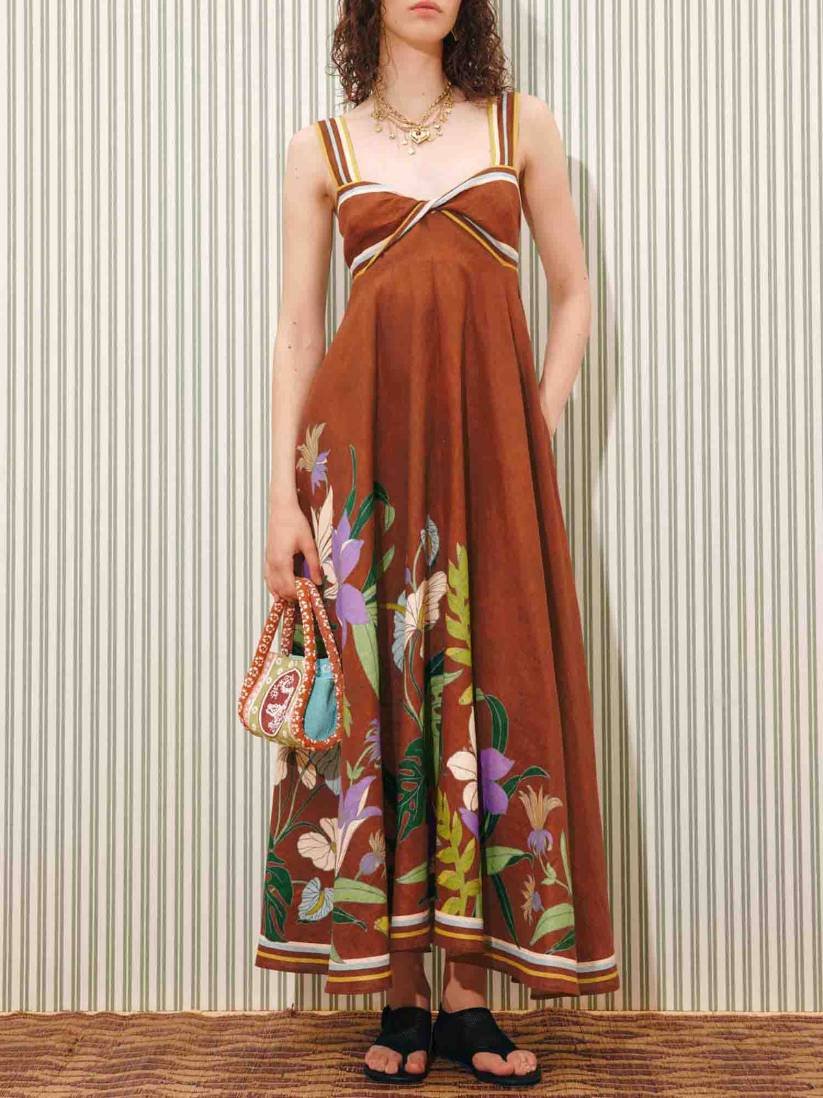 Elegant Botanical Print Strappy Maxi Dress