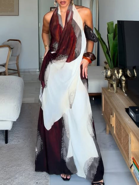 Vestido comprido elegante com estampado abstrato e decote cai-cai ao pescoço