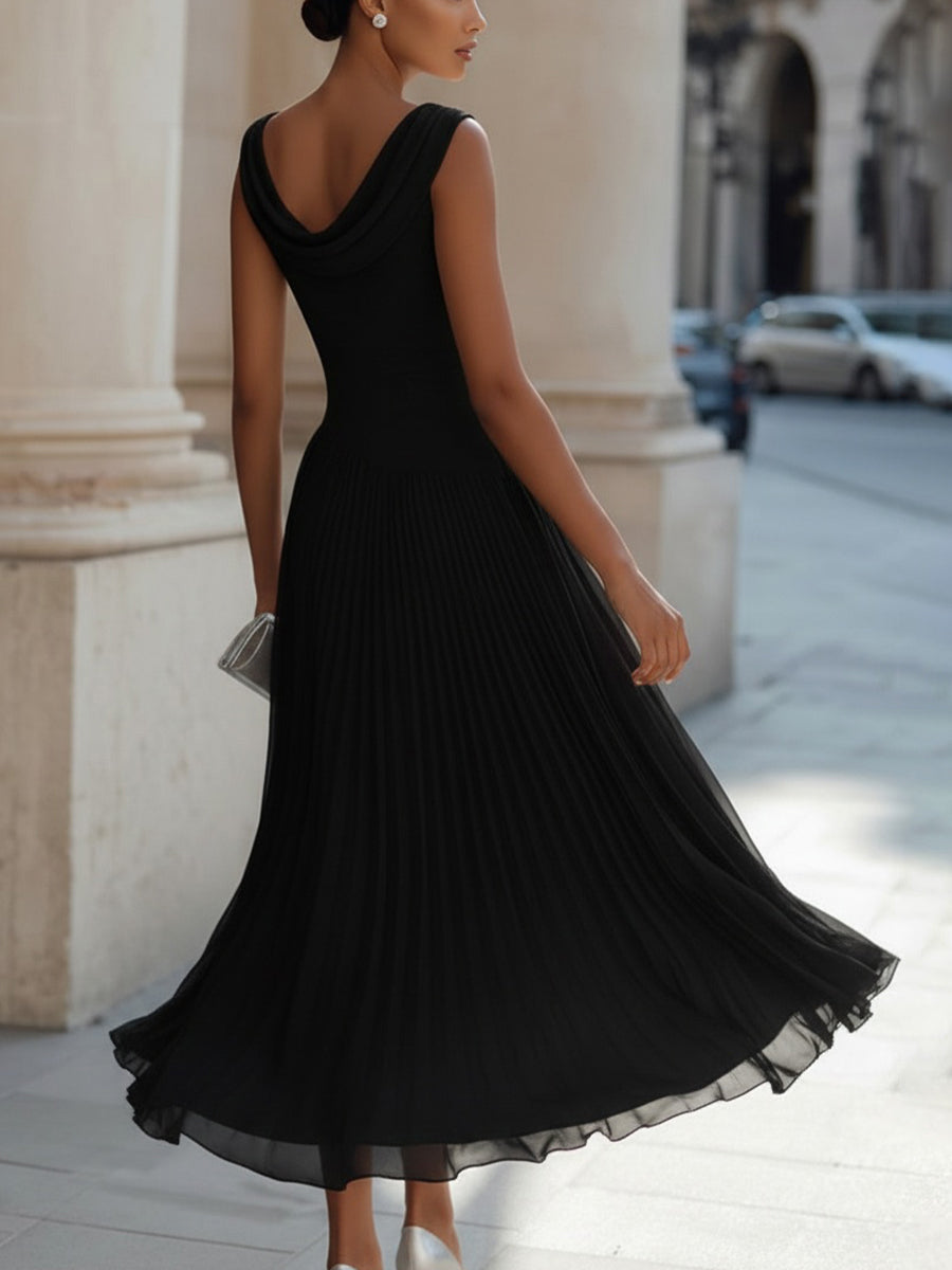 Elegant Pleated Skirt Waist Ruched Midi Dress