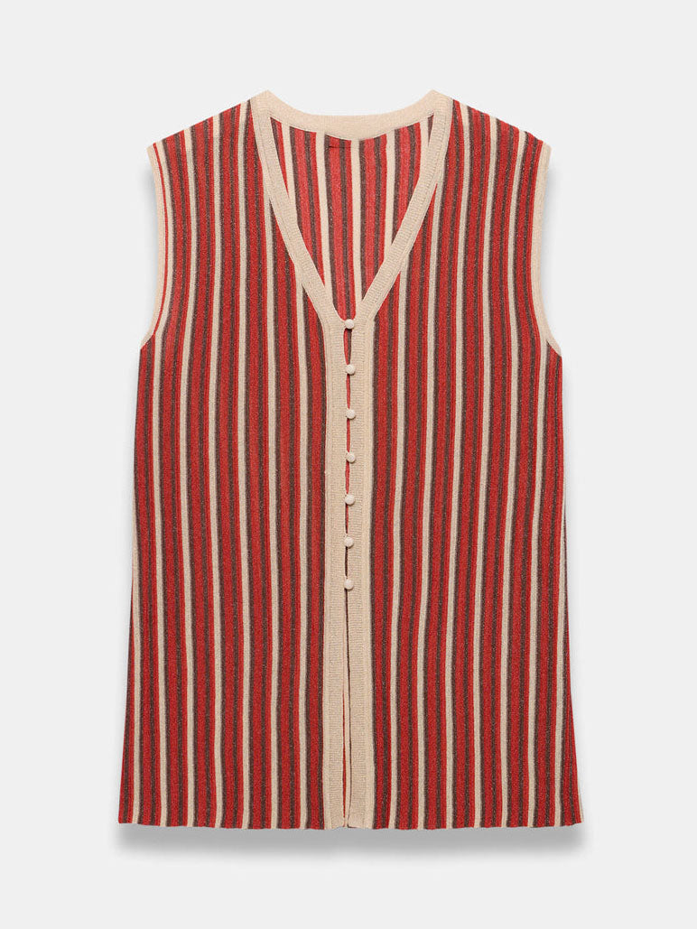 Completo casual a due pezzi in maglia a righe, con gilet senza maniche e abbottonatura frontale