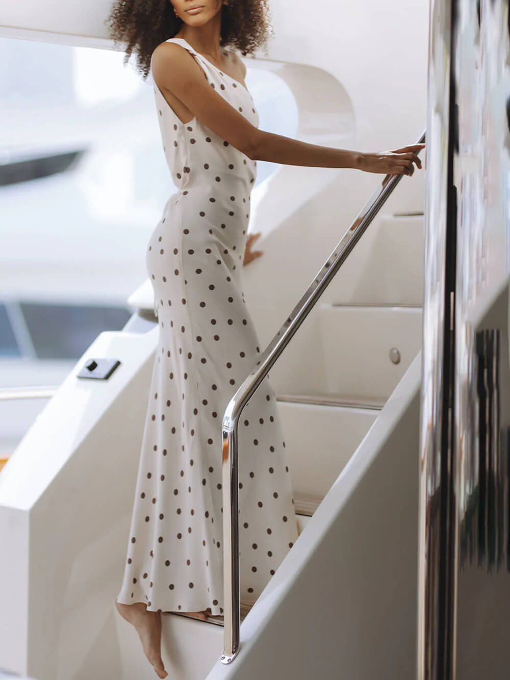 Elegant Polka Dot One-Shoulder Satin Maxi Dress