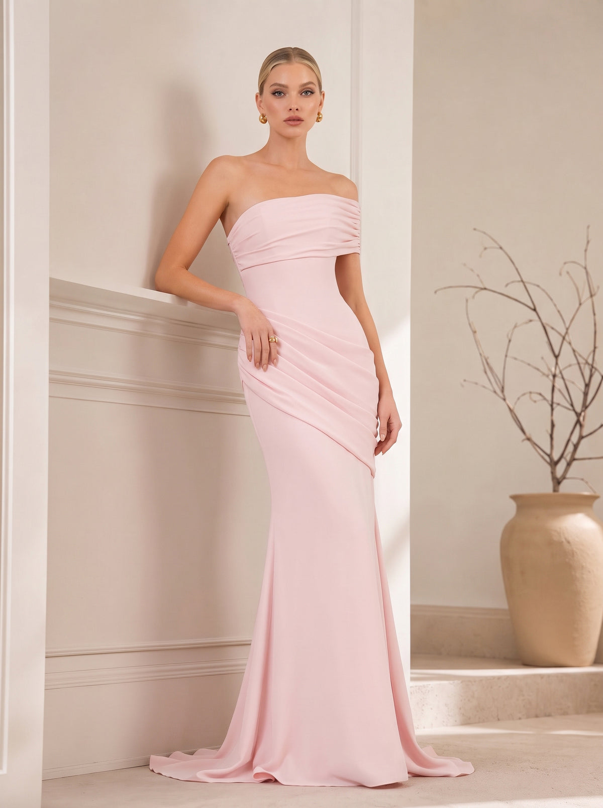 Off Shoulder Draped Mermaid Maxi Evening Gown