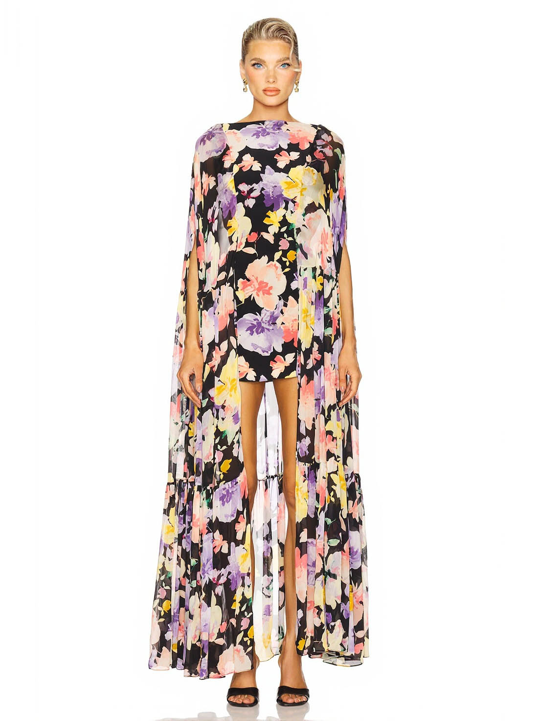 Elegant Floral Print Sheer Cape High-Low Mini Dress