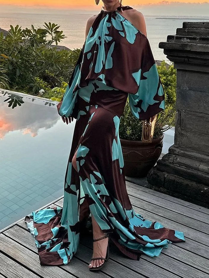 Vestido maxi elegante con hombros descubiertos y estampado abstracto