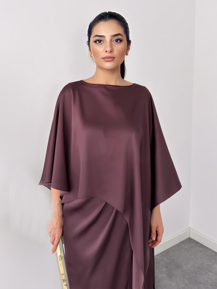 Elegant Satin Cape Sleeve Top & Maxi Skirt Two-Piece Set