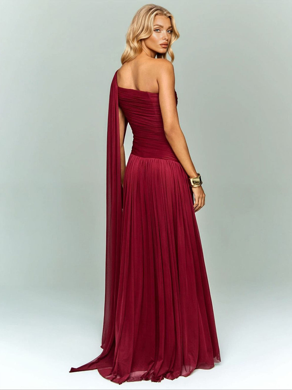 Elegant One-Shoulder Ruched Chiffon Maxi Dress
