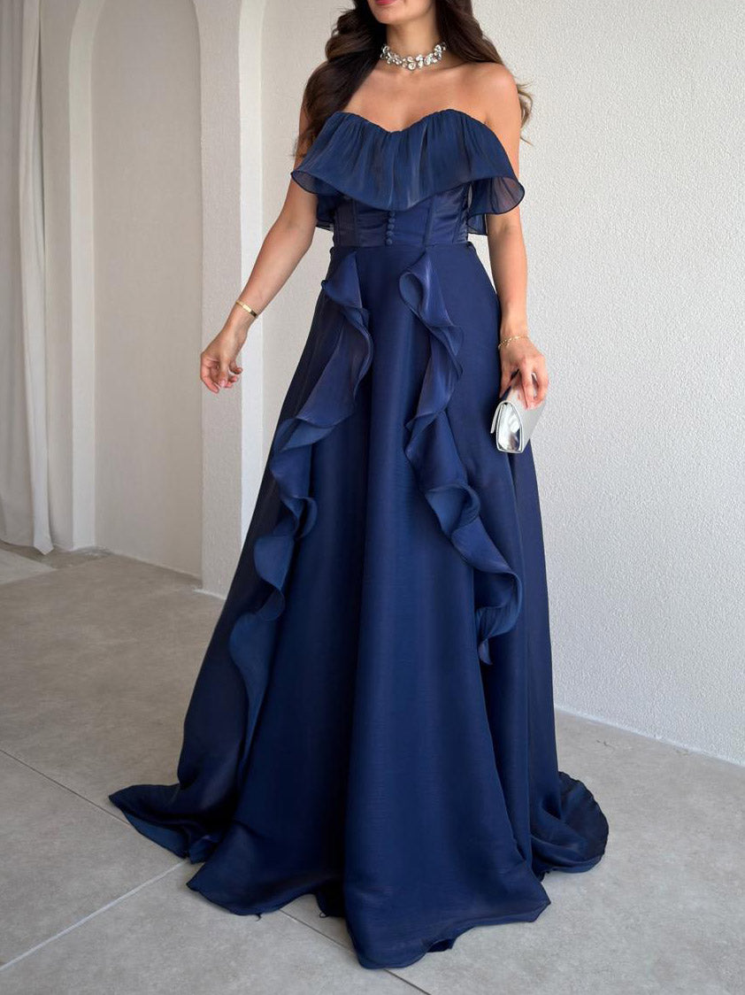 Elegantes trägerloses Korsett-Maxikleid mit Rüschen und hohem Schlitz