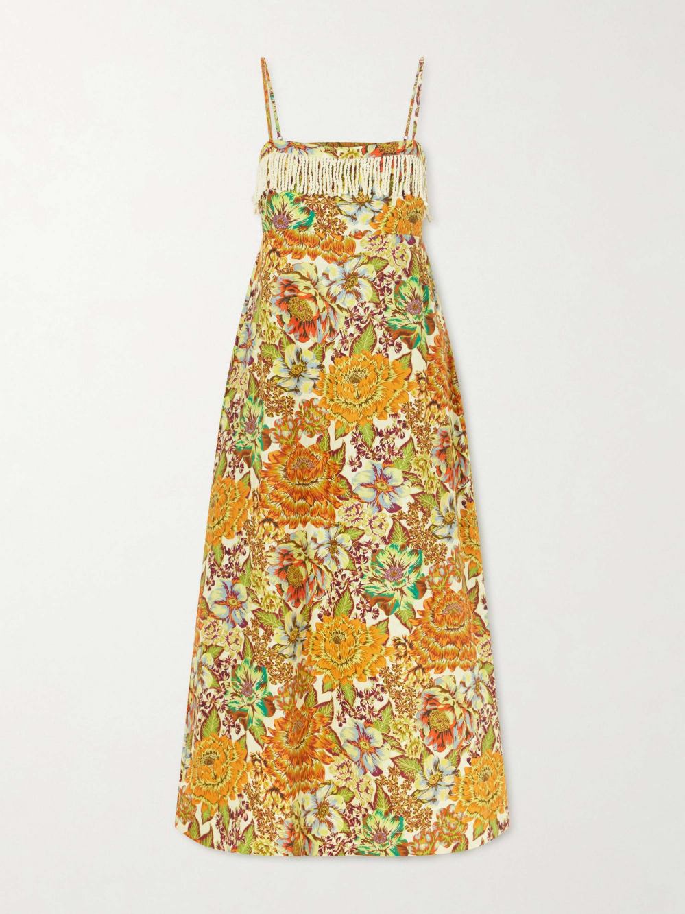 Exquisites figurbetontes Maxikleid mit Blumenprint, Spaghettiträgern und Fransen