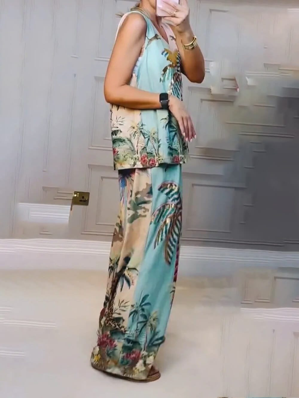Unique Palm Tree Print Elastic Waist Loose Wide-Leg Pants