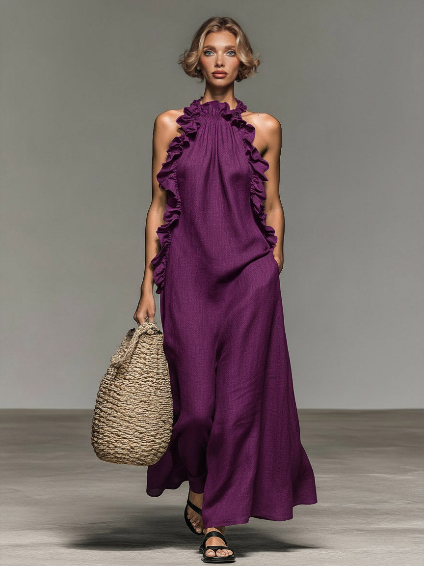 Abito lungo elegante con balze e scollo all’americana