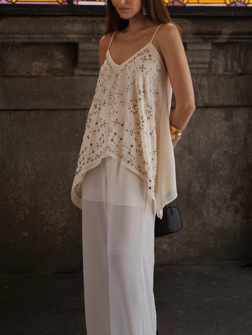 Conjunto elegante de dos piezas para vacaciones, con camisola de escote en V