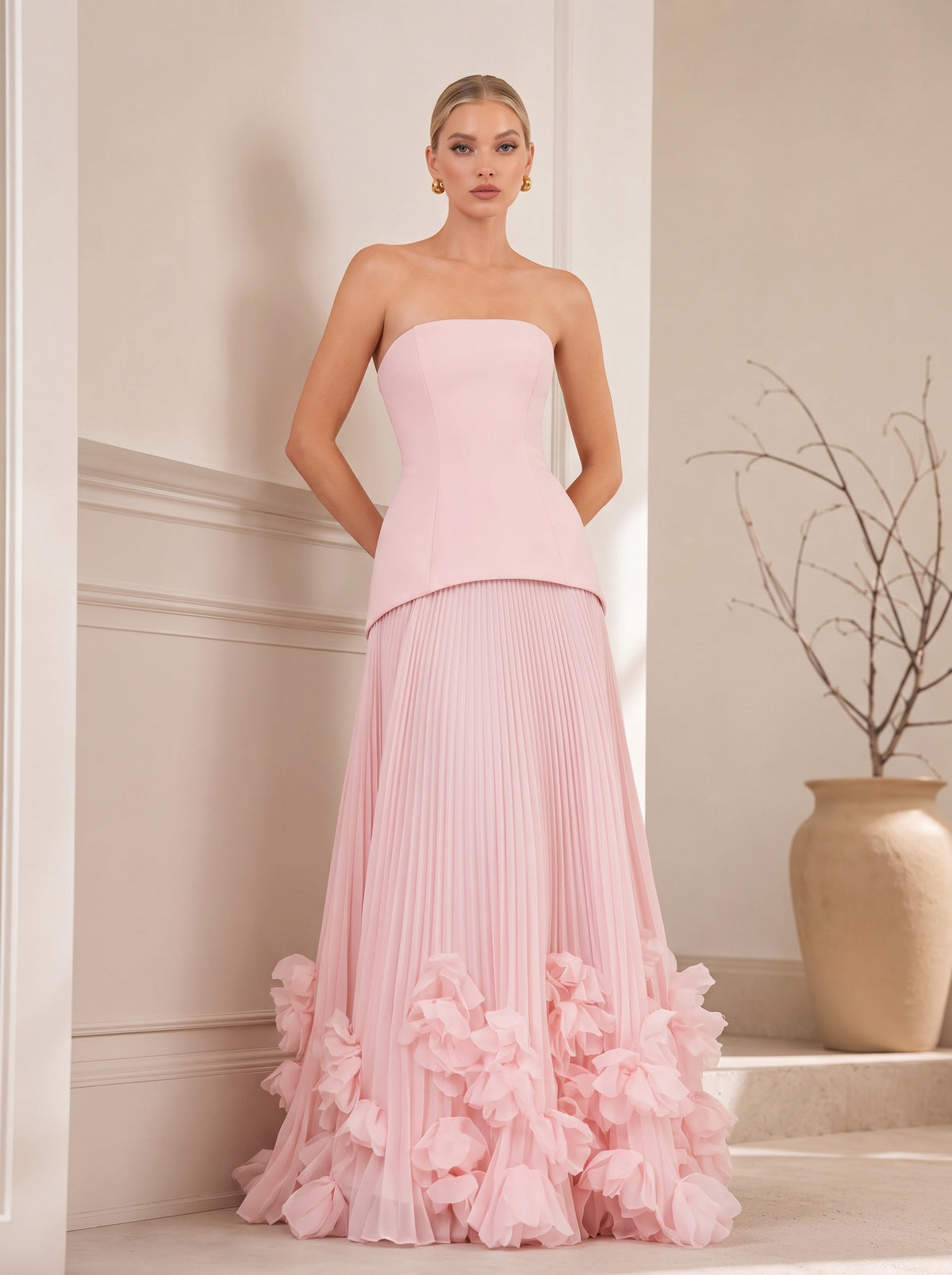 Strapless Fitted Bodice Pleated Maxi Gown With 3D Floral Hem