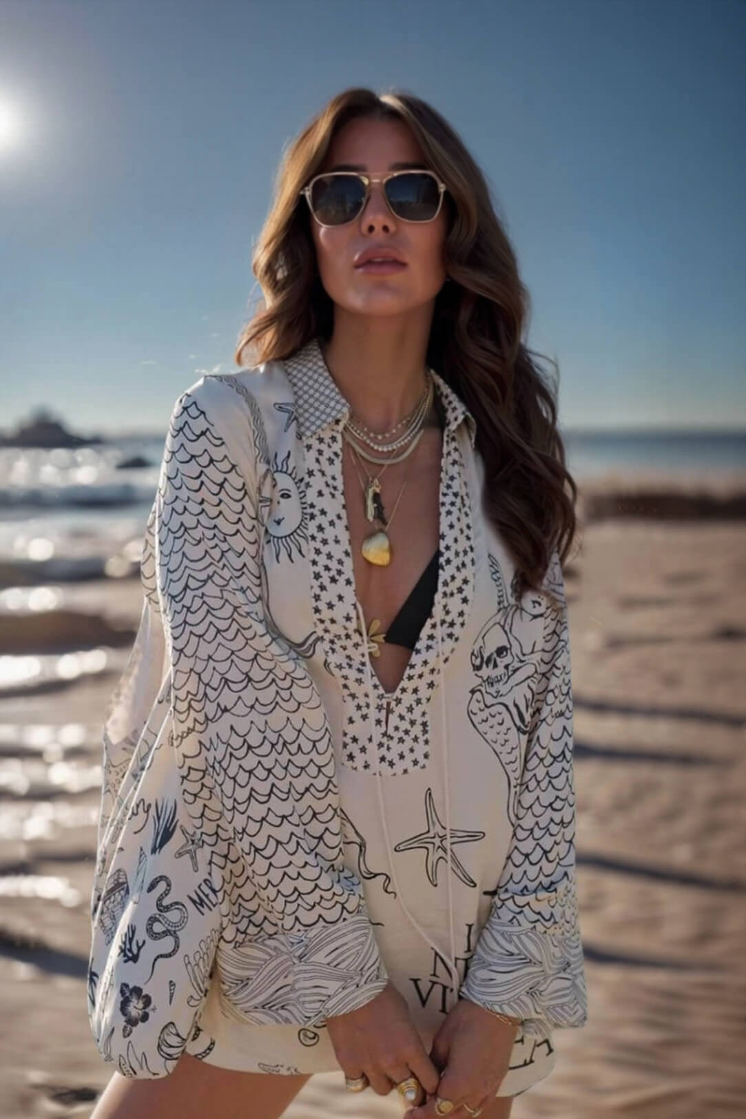 Unique Live By Water Satin Print Tassle Shirt and Elastic Waist Shorts Set