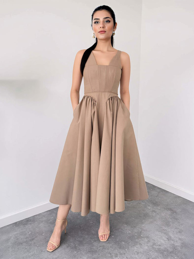 Elegant Strapless A-line Party Midi Dress