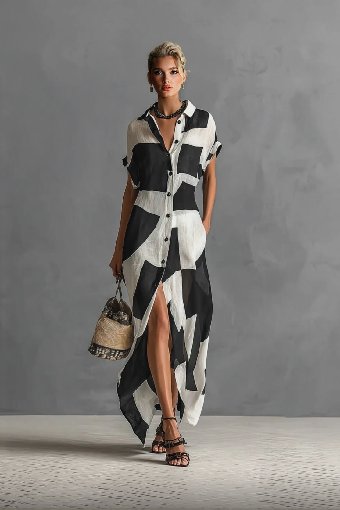 Exquisite Irregular Geometric Print Lapel Single-Breasted Short-Sleeved Maxi Shirt Dress