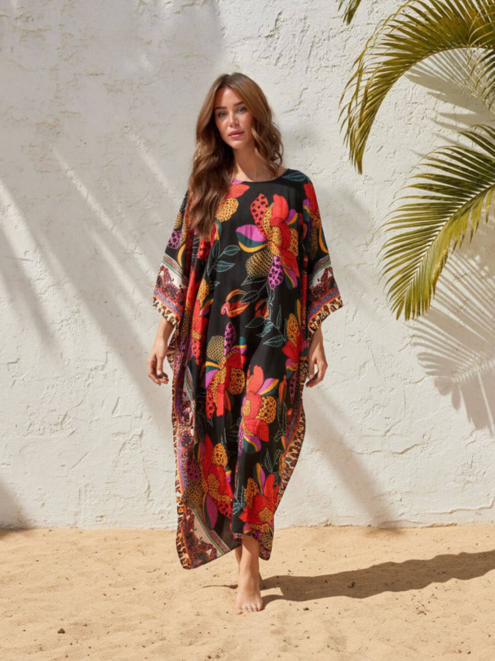 Abito kimono lungo con stampa boho