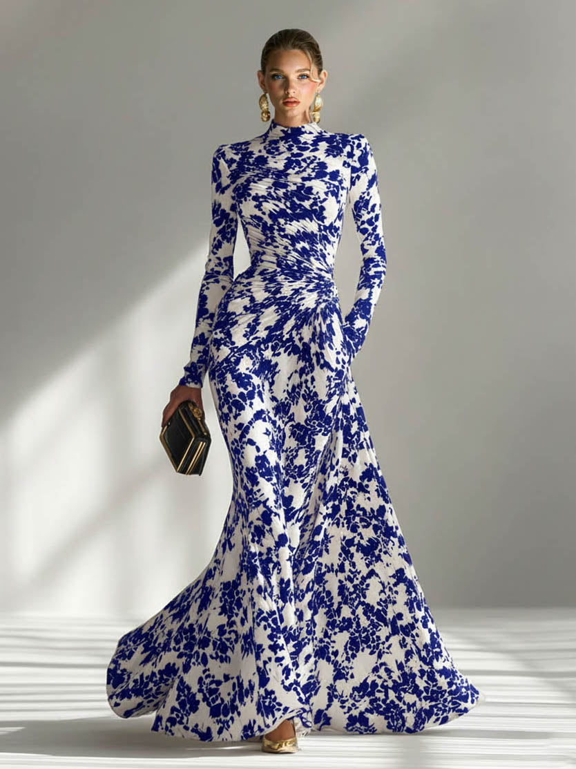 Robe longue décontractée à imprimé abstrait, col montant, plis et coupe sirène