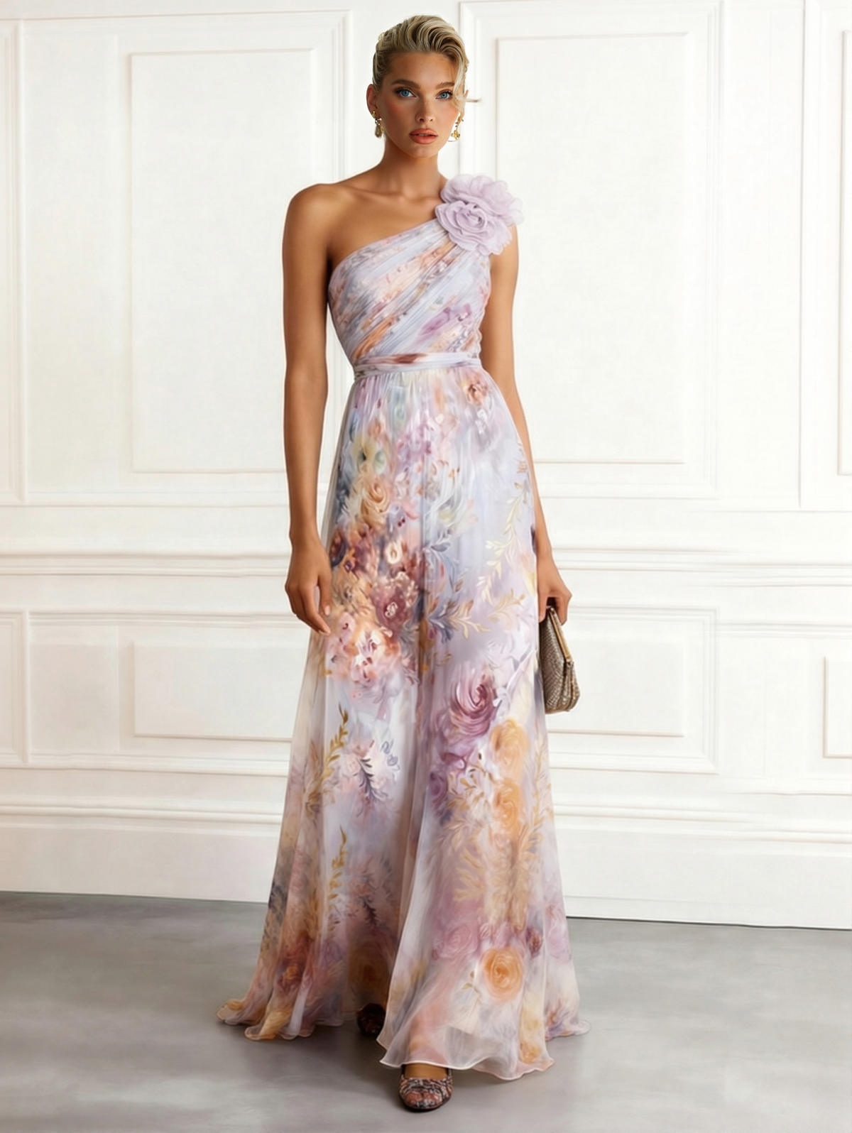Elegante abito lungo monospalla in chiffon con stampa floreale