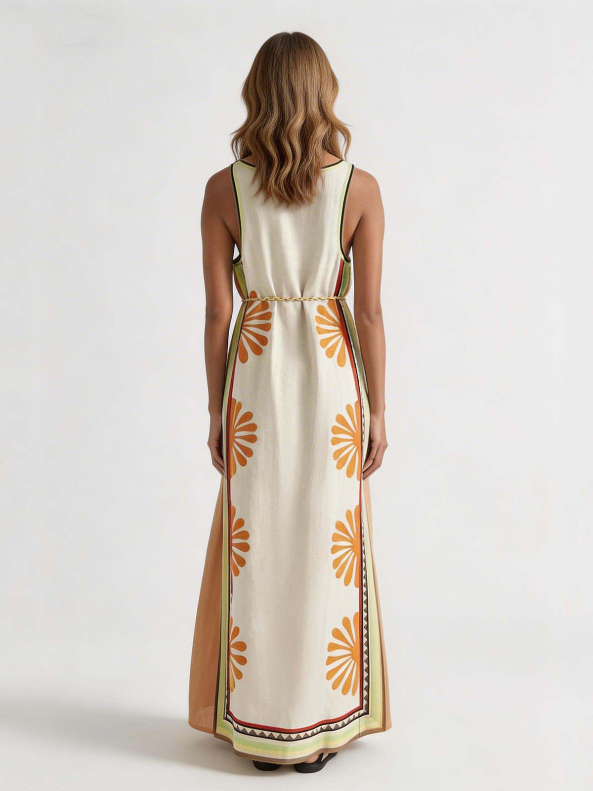 Robe longue bohème à imprimé floral sans manches avec lien à la taille