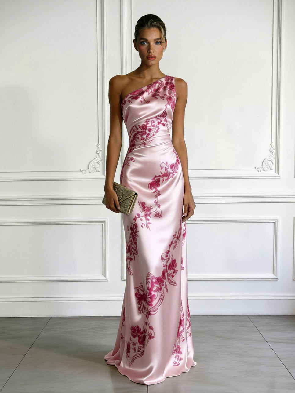 Elegantes One-Shoulder-Maxikleid aus Satin mit Blumenmuster