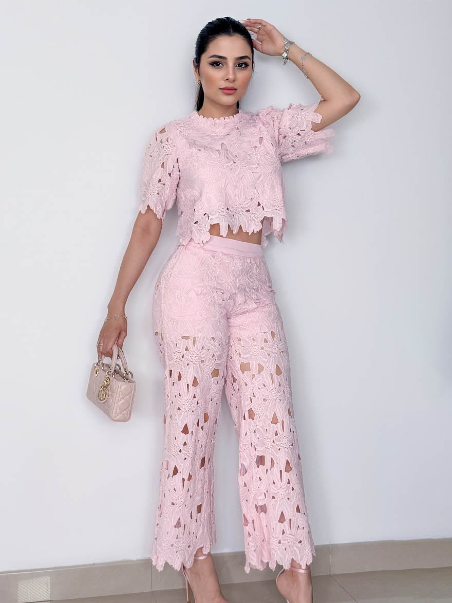 Elegant Lace Crop Top & Wide-Leg Pants Two-Piece Set