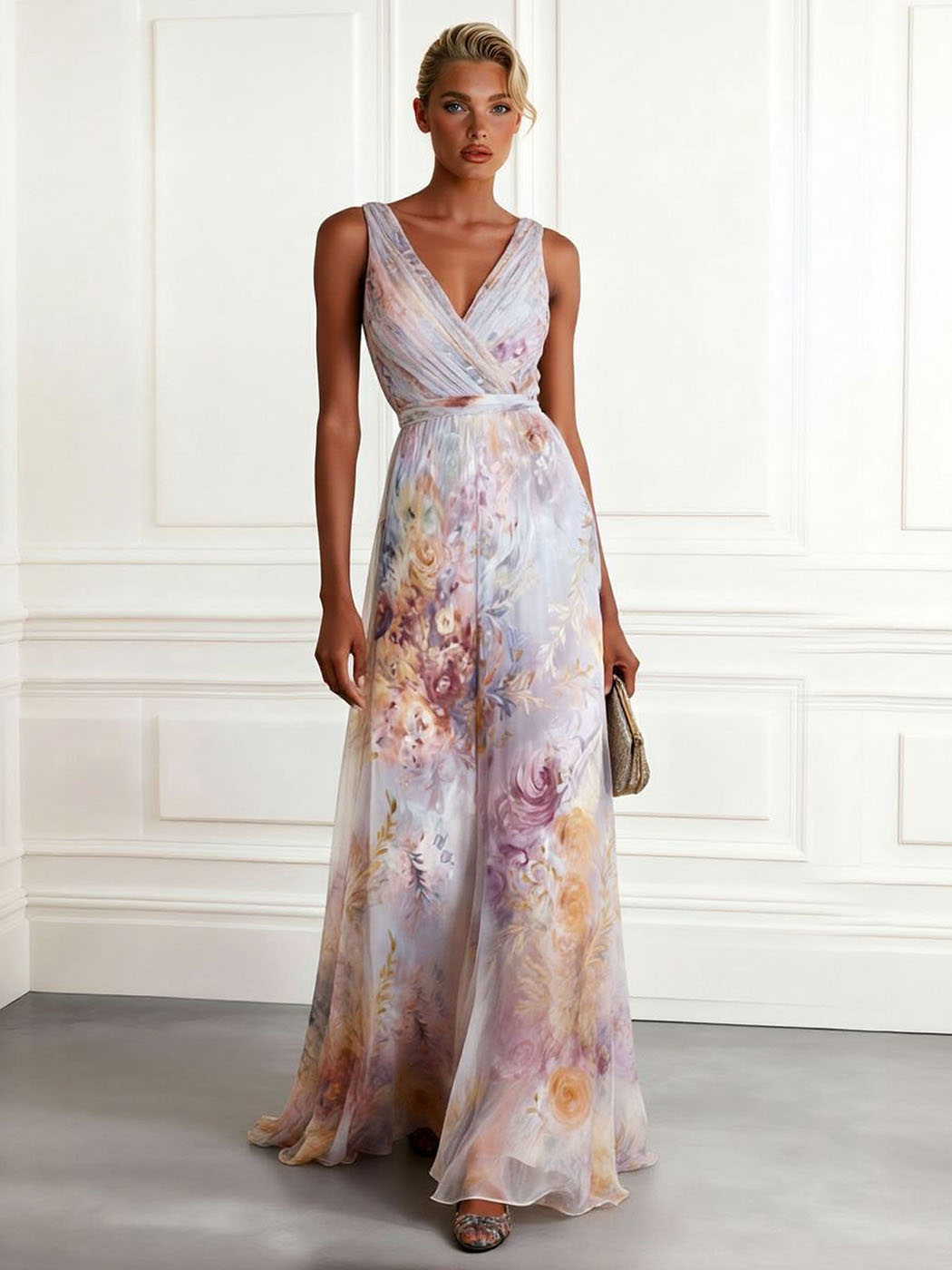 Vestido maxi elegante de chiffon, sem mangas, com decote em V e estampado floral