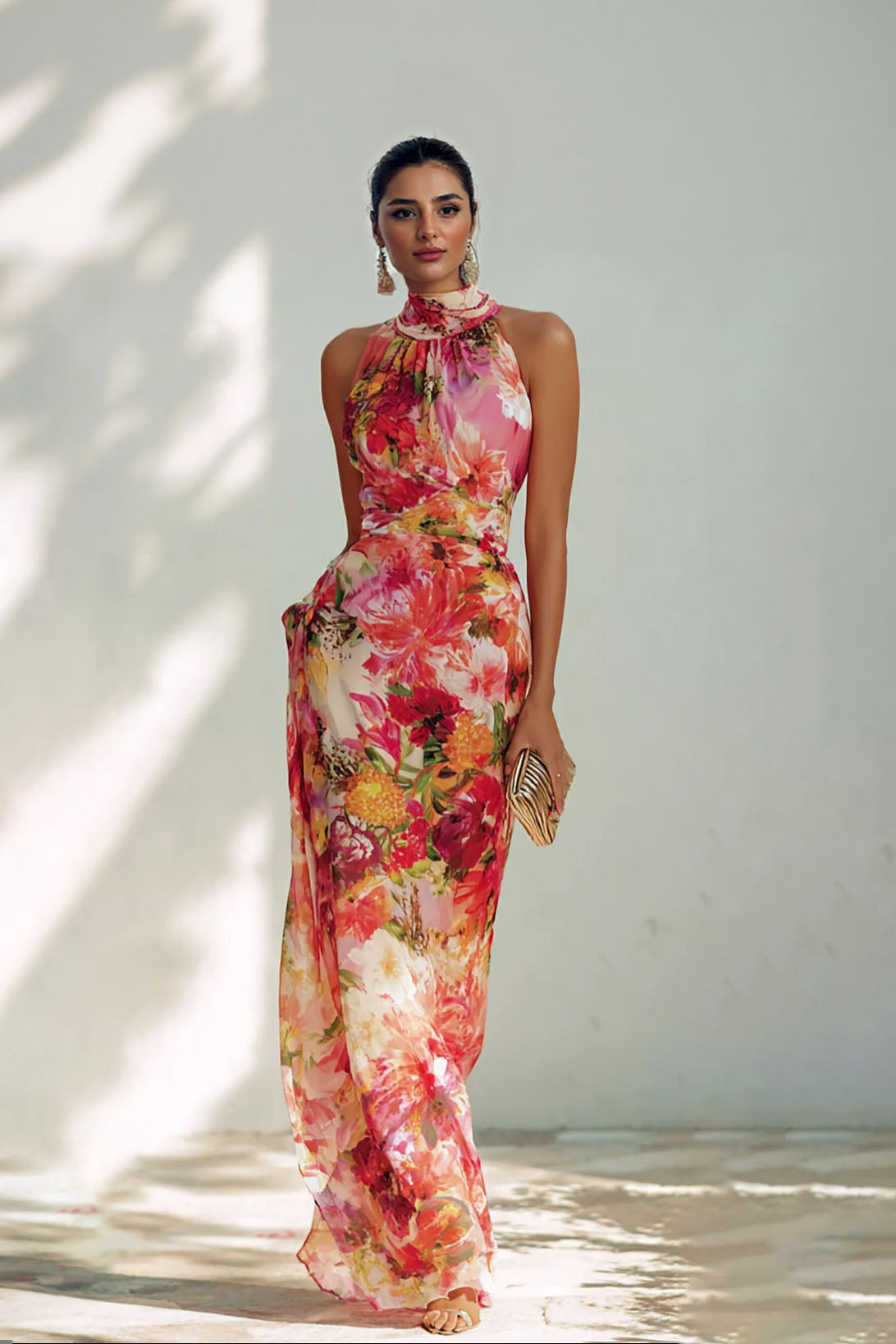 Fashion Floral Chiffon Halter Sleeveless A-Line Maxi Dress