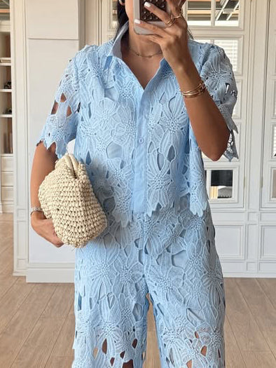 Casual Cutout Lace Short Sleeve Shirt