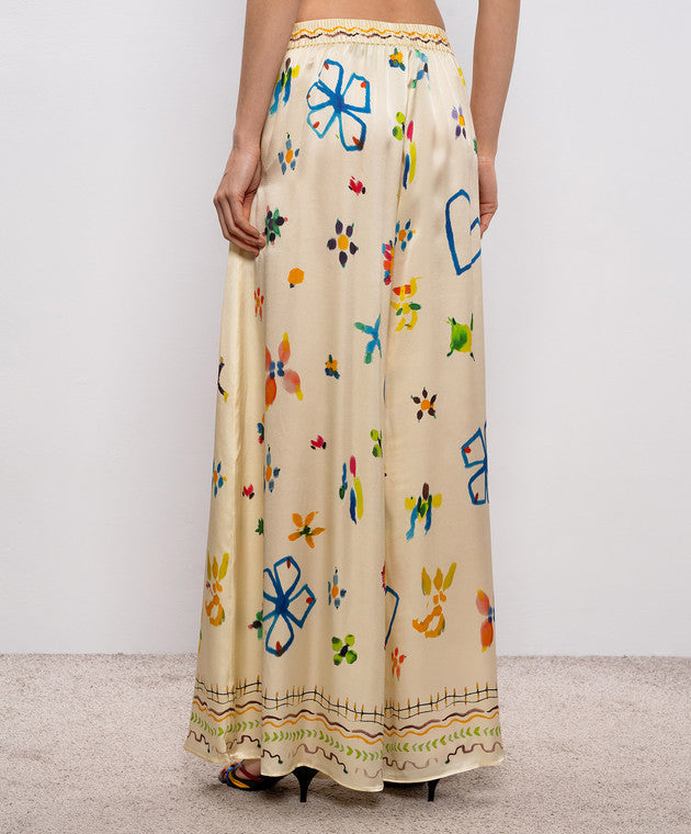 Einzigartige Satinhose mit weitem Bein und handgemaltem Aquarellprint