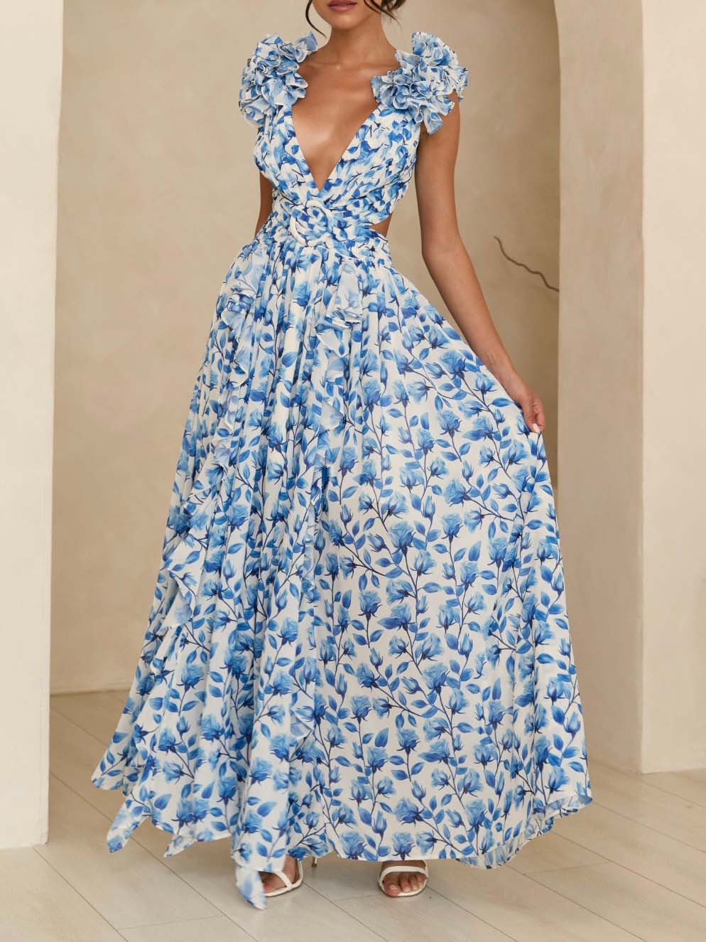 Elegantes plissiertes Maxikleid mit Blumenprint und Lochmuster