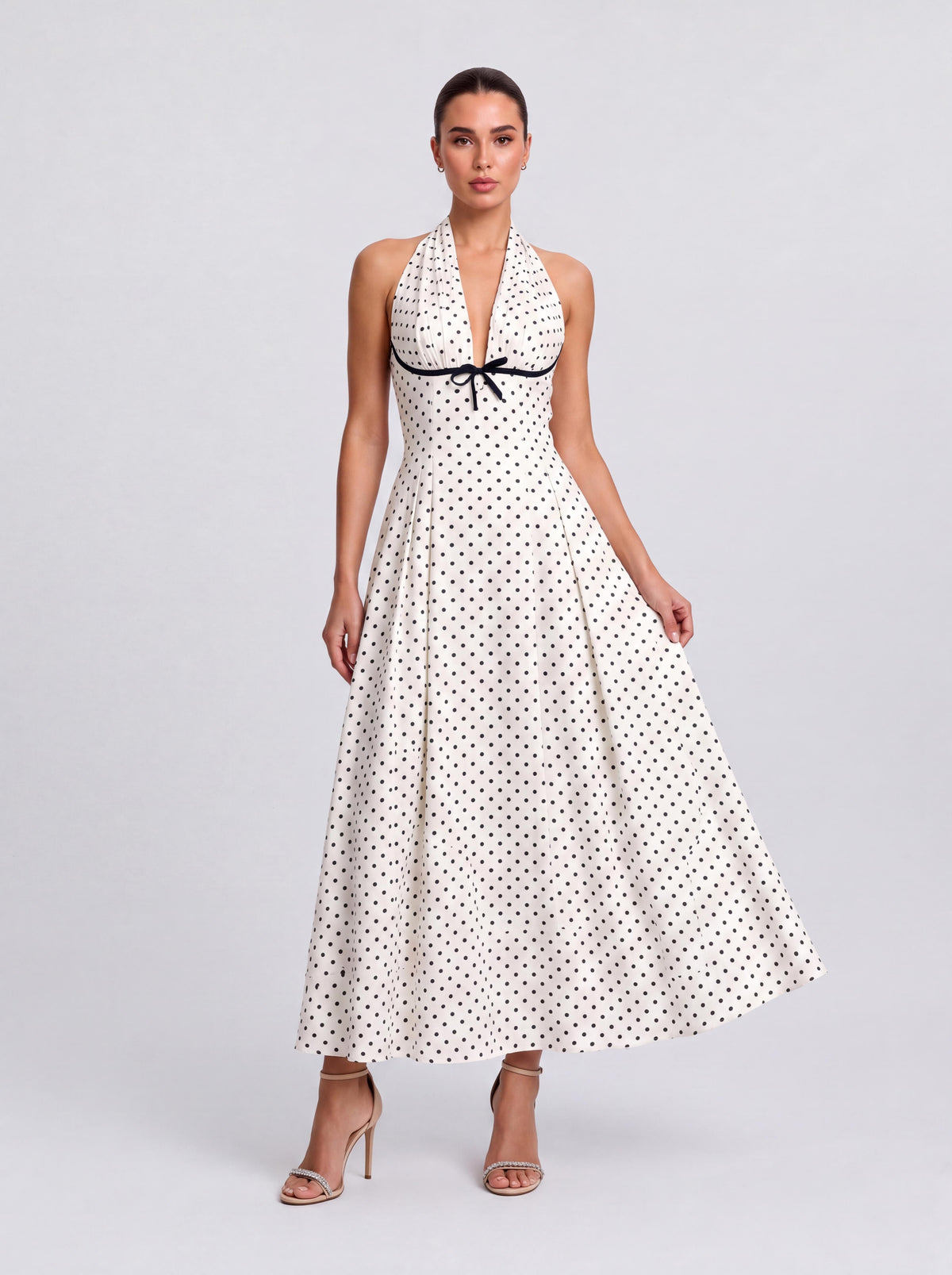 Vestido midi de férias vintage com padrão ondulado, bolinhas e decote em V profundo