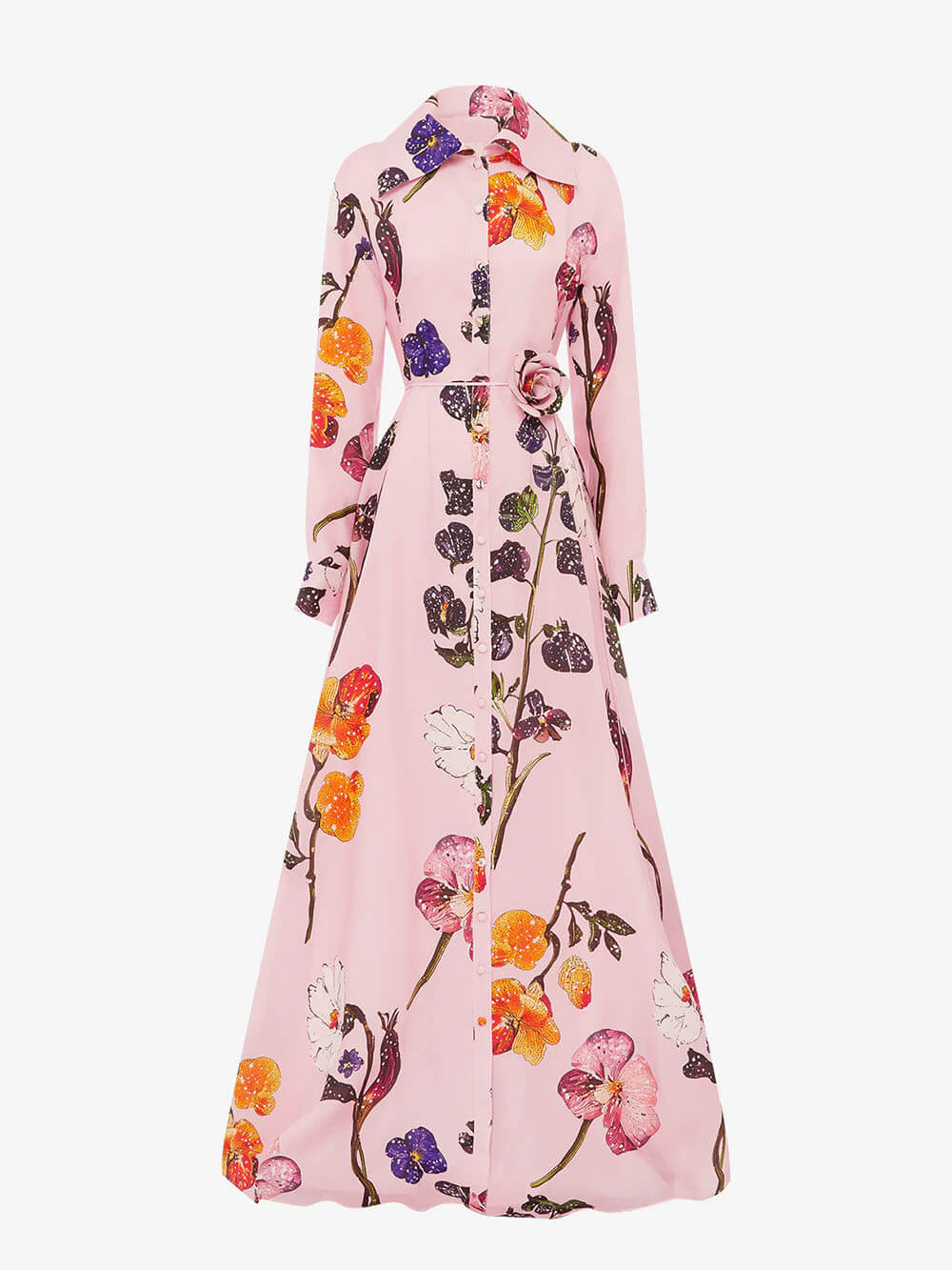 Vestido largo elegante de línea A con estampado floral y cierre de botones delantero