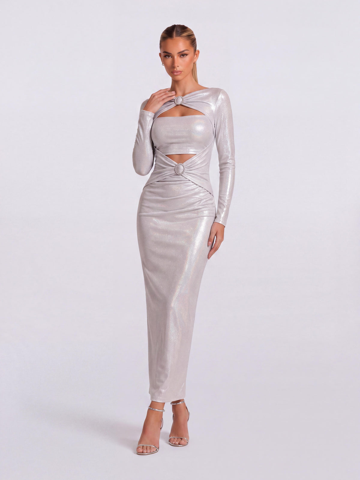 Bright-Face Ring Hollow-Out Long-Sleeved Slim-Fit Hip Mid-Length Dress
