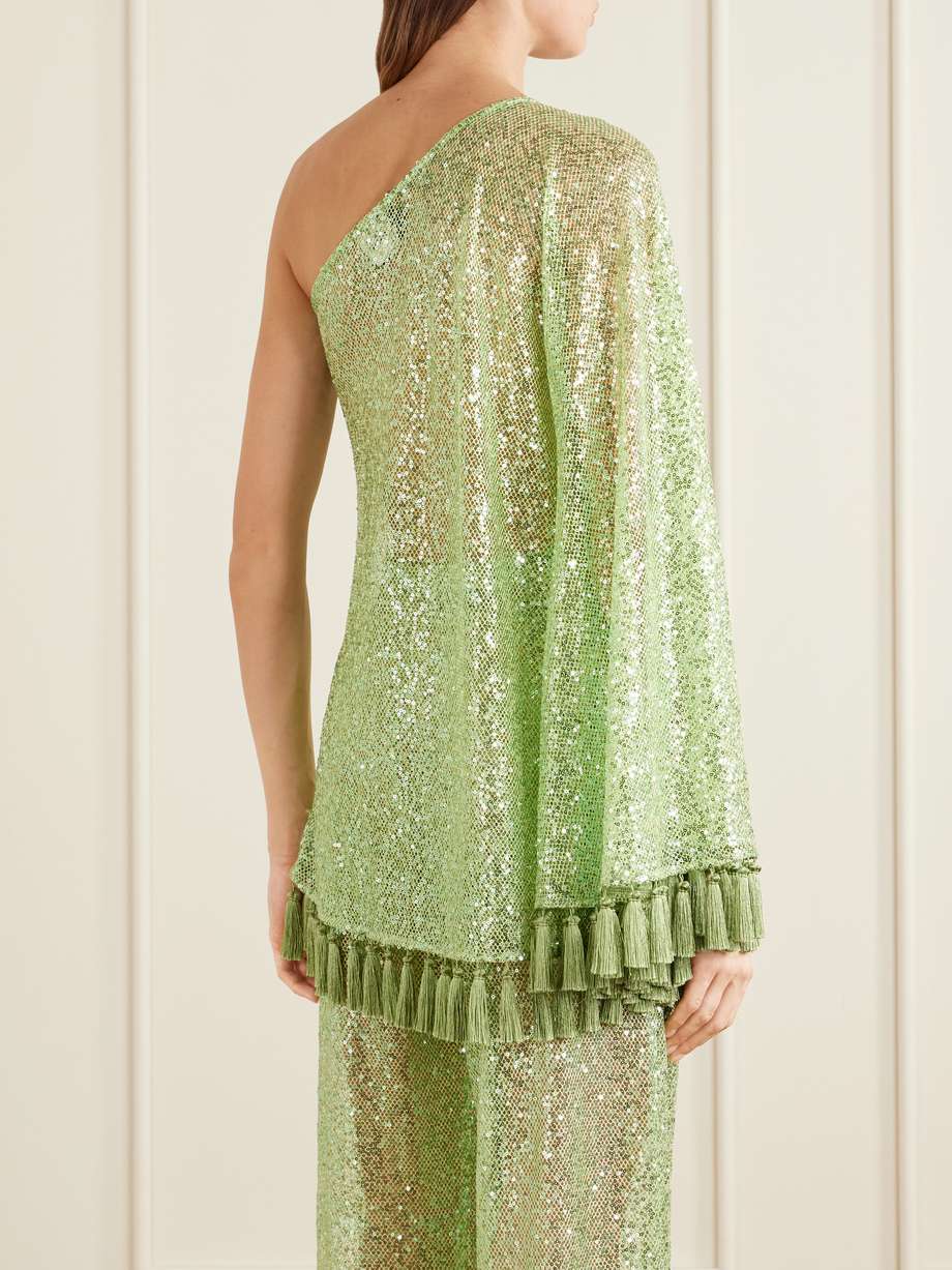Elegantes zweiteiliges Set aus asymmetrischem Pailletten-Quastentop und ausgestellter Hose