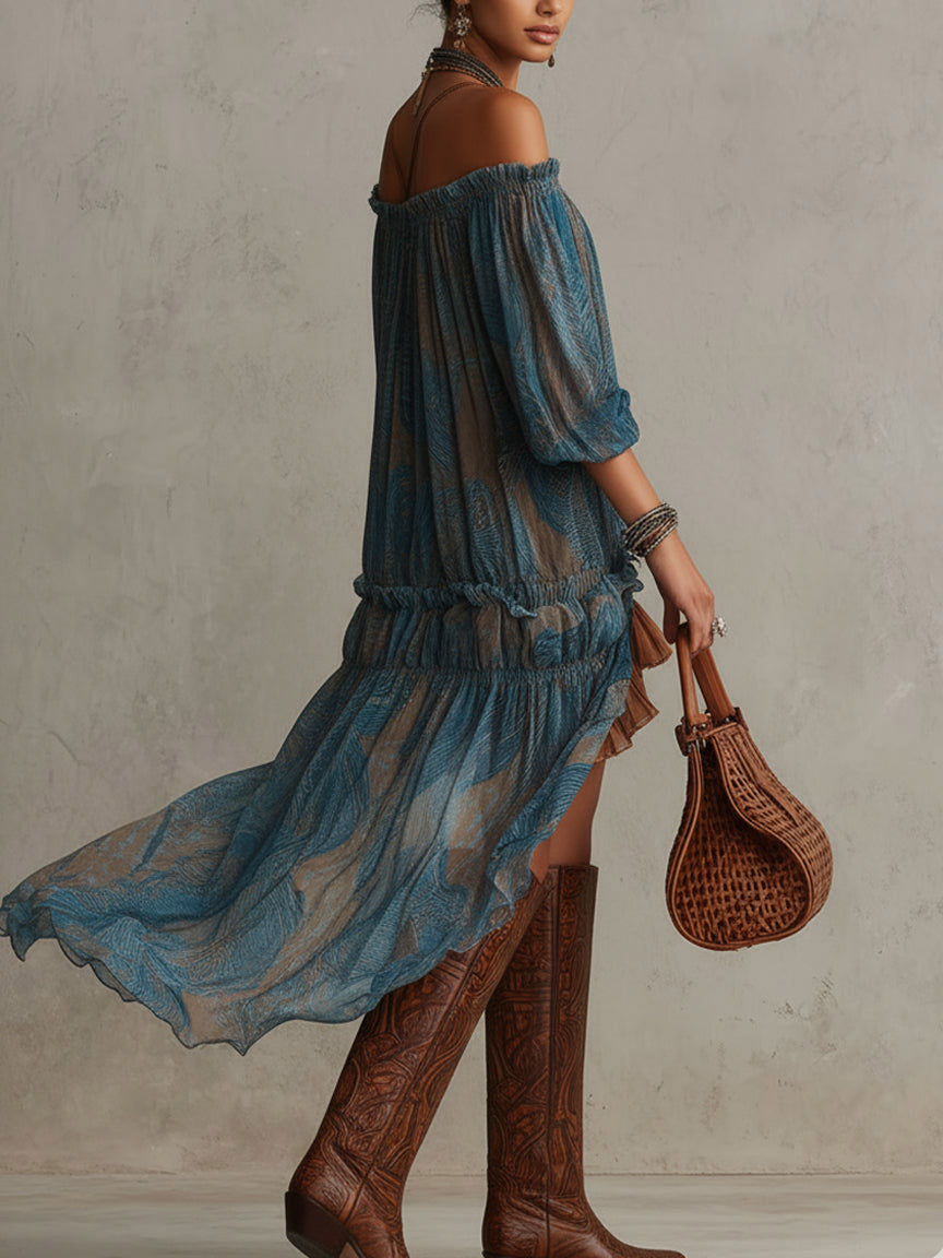 Schulterfreies Midikleid im Bohème-Stil mit Rüschen und transparentem asymmetrischem Saum