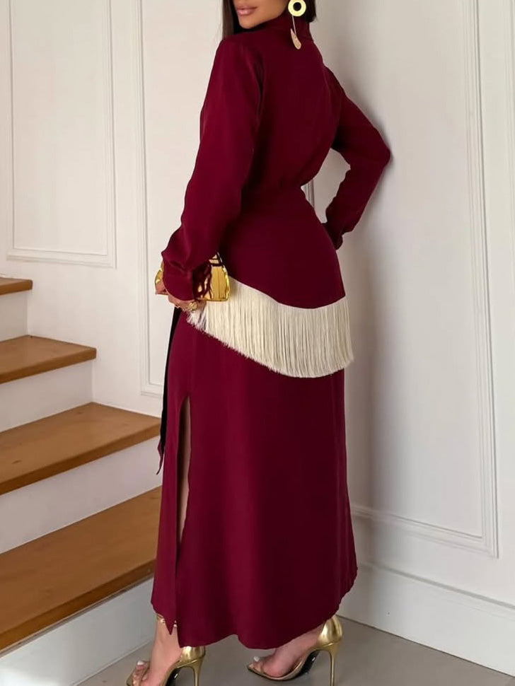 Lässiges Maxikleid im Wickelstil mit Fransen und Knopfleiste