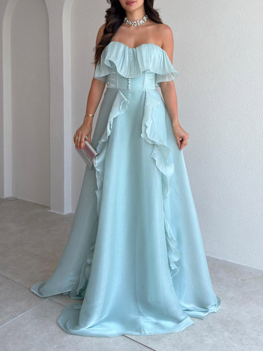 Elegantes trägerloses Korsett-Maxikleid mit Rüschen und hohem Schlitz