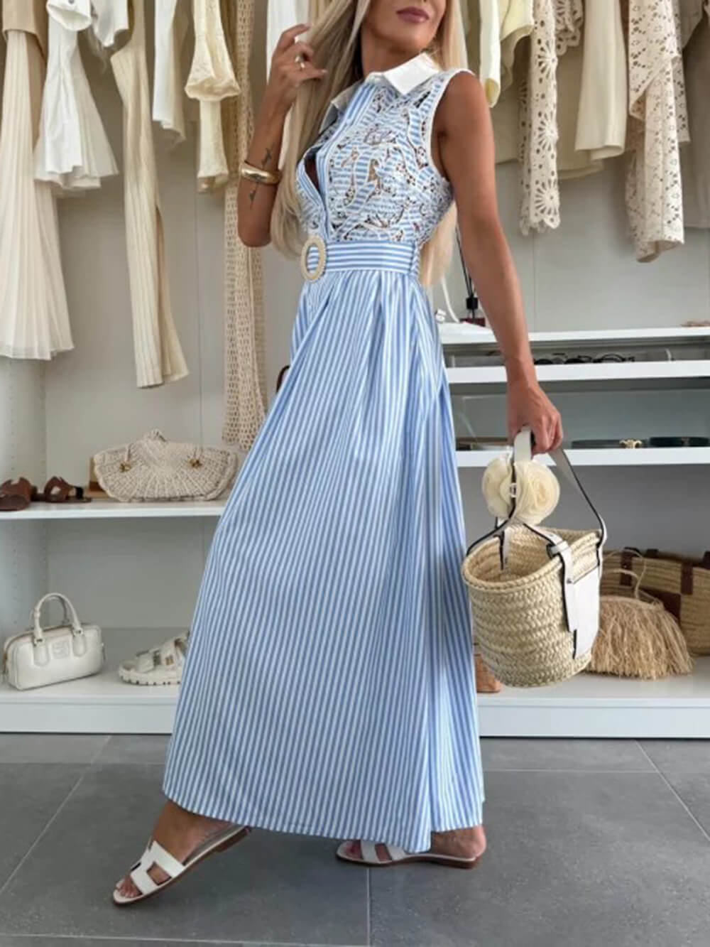 Retro Lace-Trimmed Splicing Striped Print Button-Down Maxi Dress
