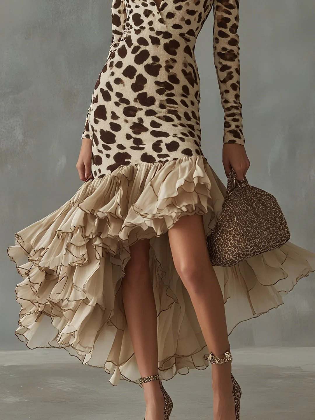 Vestido maxi estampado com folhos e decote em V