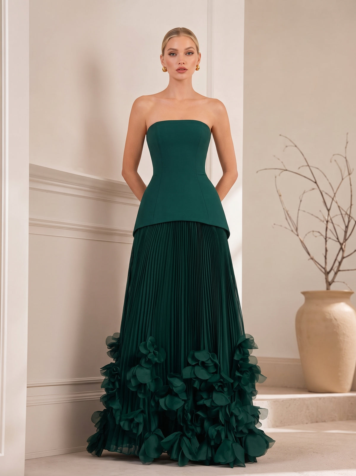 Strapless Fitted Bodice Pleated Maxi Gown With 3D Floral Hem