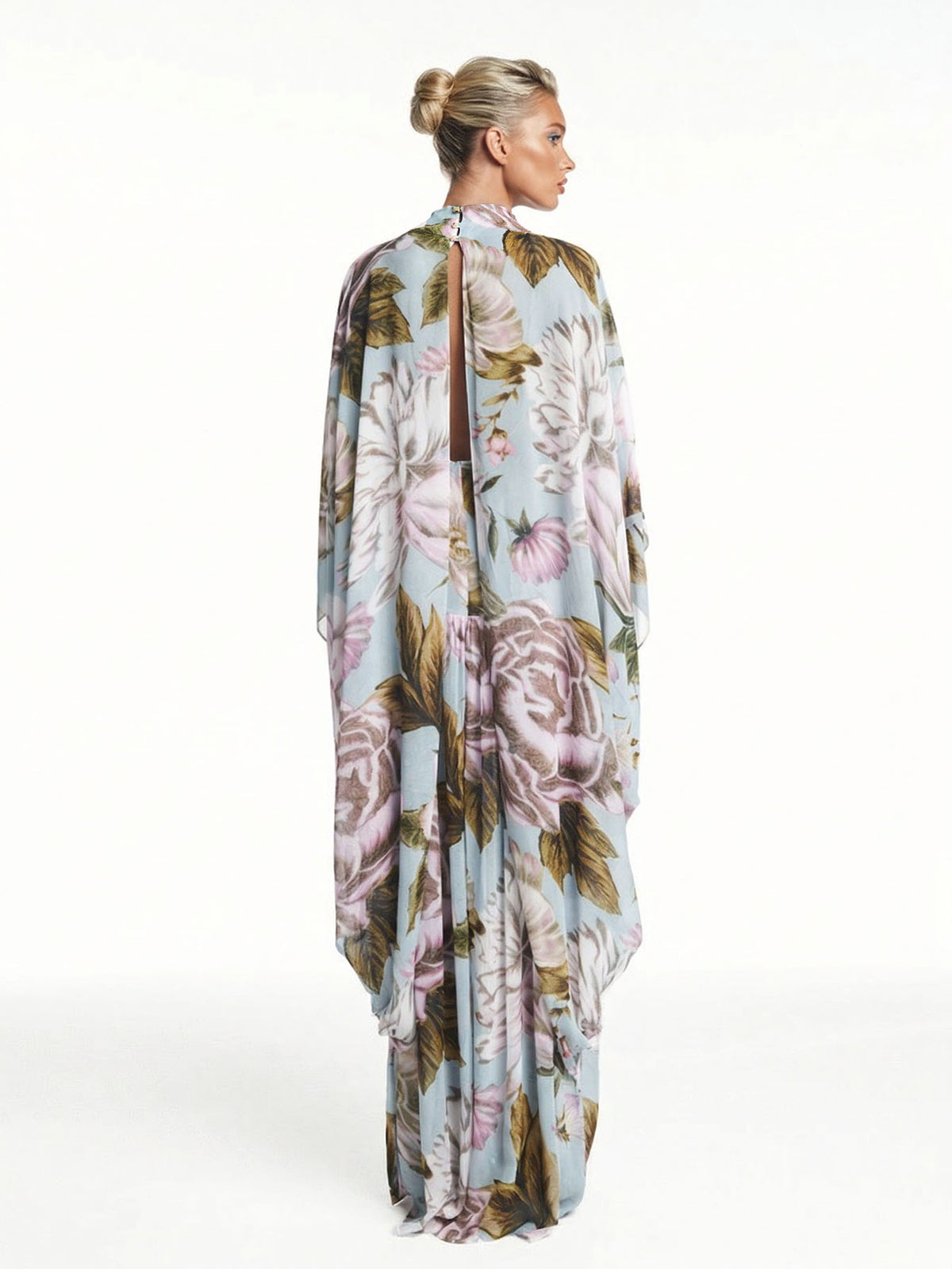 Exquisite Watercolor Floral Print Draped Chiffon Maxi Dress