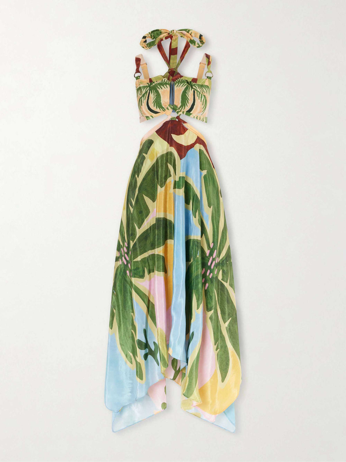 Vestido largo asimétrico halter con estampado de hojas tropicales y aberturas