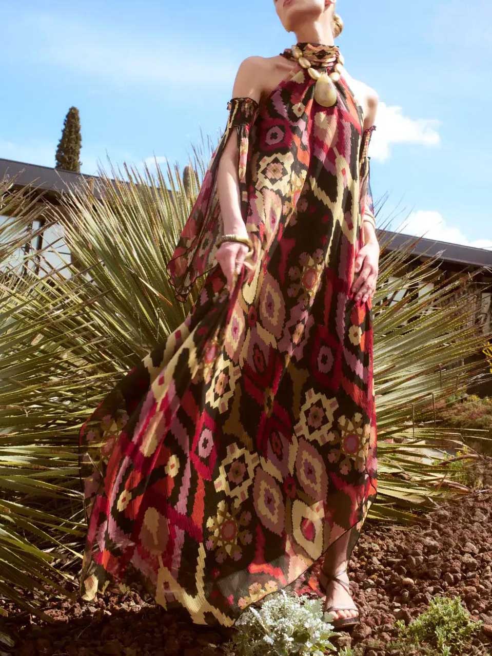 Retro Bohemian Geometric Print Convertible Sleeve Maxi Dress