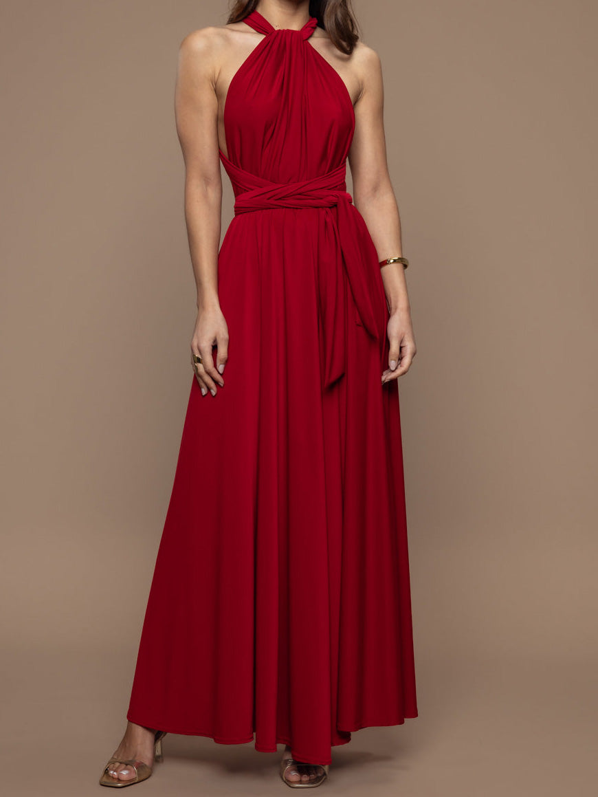 Elegant Multi-Way Neck Draped Tie-Waist Maxi Dress