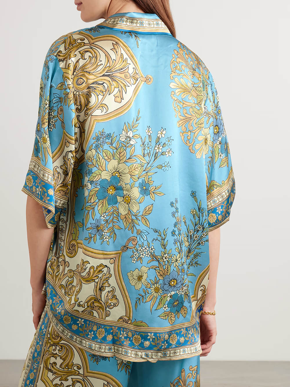 Unique Casual Floral Print Satin Loose Button-Up Shirt